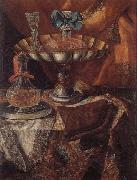unknow artist Still life of a wine glass and bottle in a parcel gilt tazza together with a glass decanter on a pewter dish upon a draped tabletop oil painting reproduction